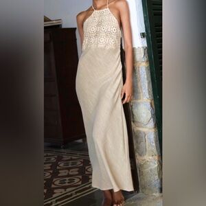 Zara Beige Crochet Halter Maxi Dress